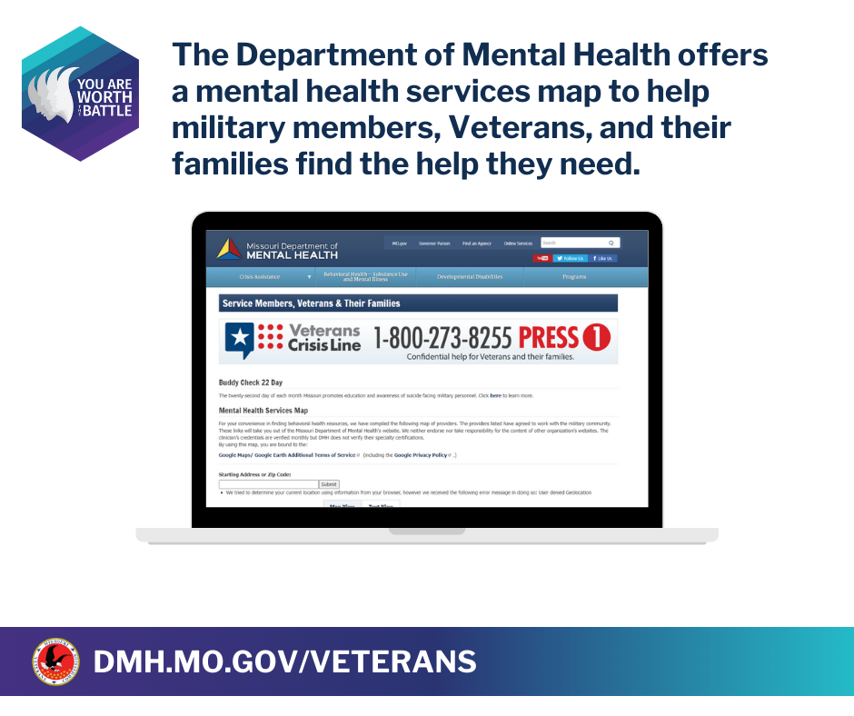 The Department of Mental Health offers a mental health services map to help military members, veterans, and their families find the help they need.